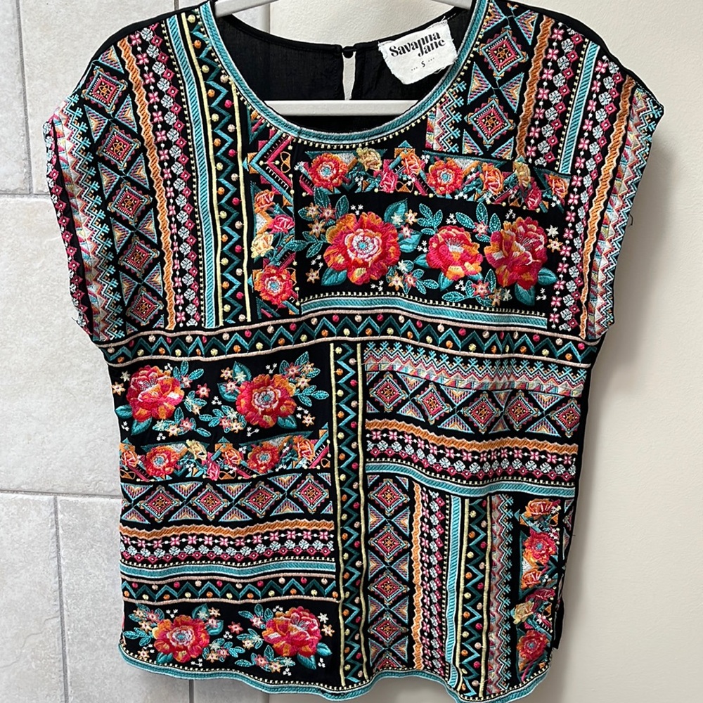 Savanna Jane sleeveless black embroider shell style top with bright embroidery